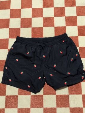 Navy Swim Shorts with Embroidered Strawberries